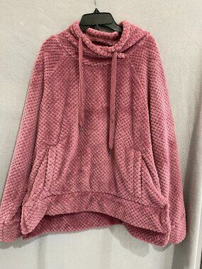 Mauve Plush Sherpa Pullover Hoodie Size Large Soft Cozy Cowl Neck Fleece